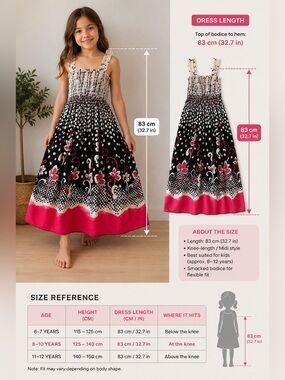 Smocked Floral Midi Dress for Girls - Black & Pink